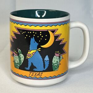 Vintage Allen Lewis Texas 12 oz Coffee Mug Coyote Cactus Moon 1992 90s